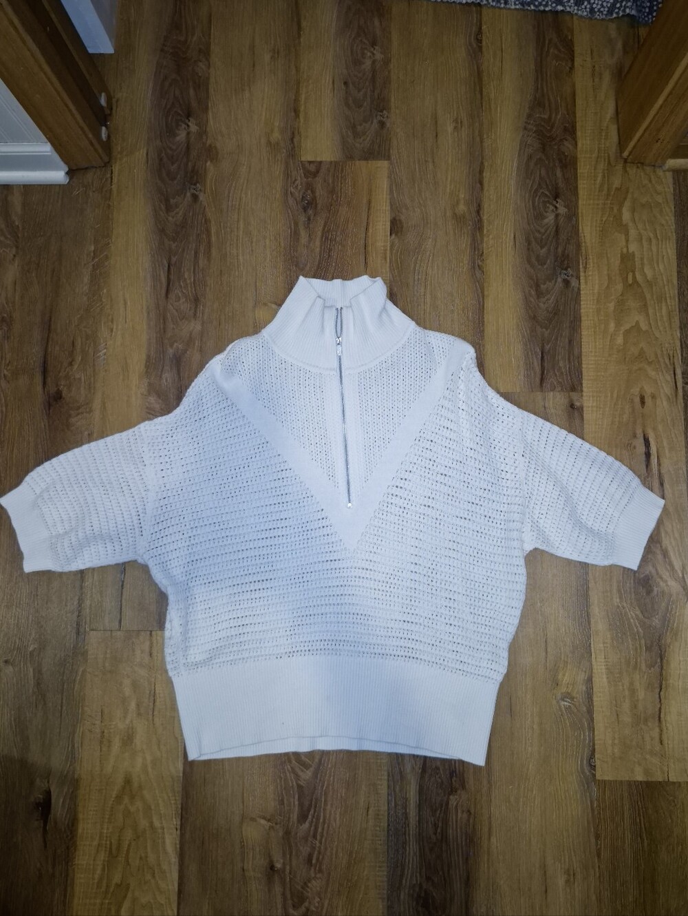 Calia White Open-Knit Zip-Neck Sweater
